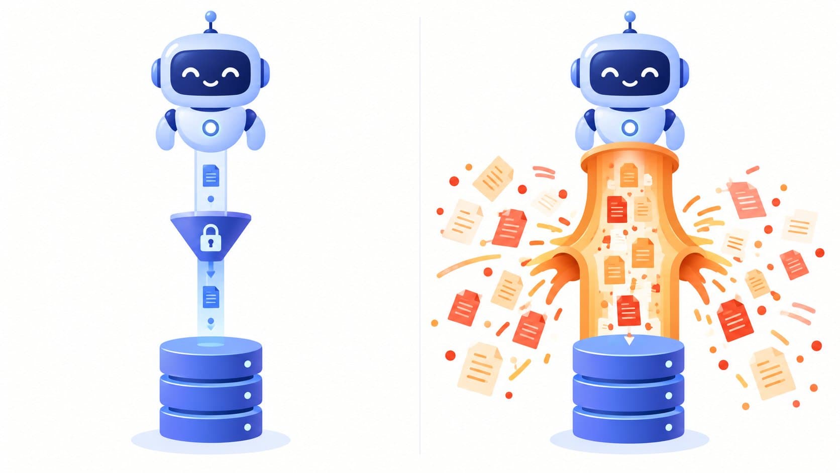 Illustration comparant un même agent IA relié à une base de données : à gauche via un entonnoir verrouillé ne laissant passer qu'un seul document, à droite via un tuyau grand ouvert d'où des dizaines de documents s'échappent en désordre.