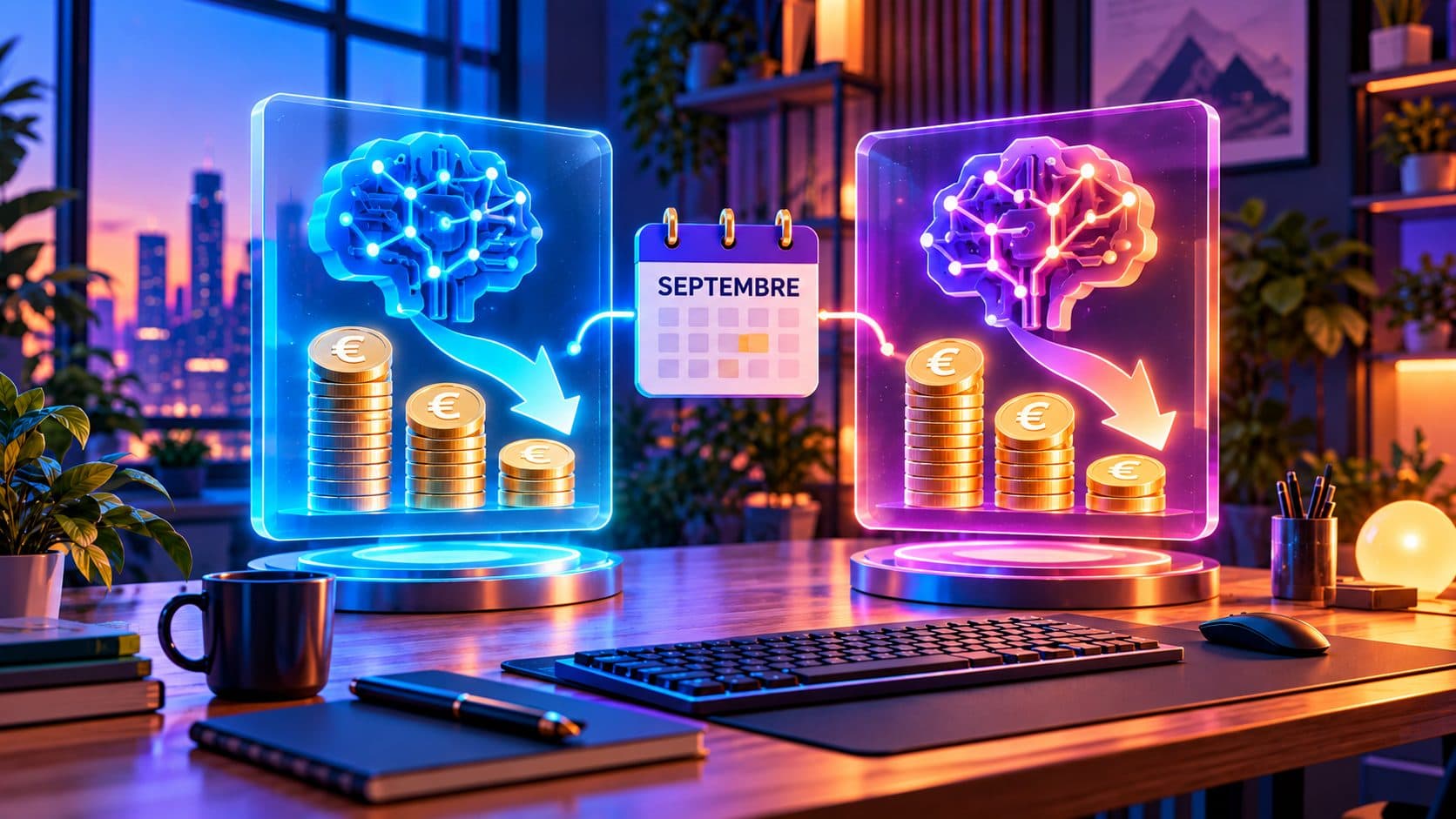 Illustration de deux intelligences artificielles, une bleue et une violette, chacune reliée à des piles de pièces en euros décroissantes autour d’un calendrier de septembre, symbolisant la baisse simultanée des prix de GPT-6 Sol et Claude Opus 5.5 le 22 septembre 2026.