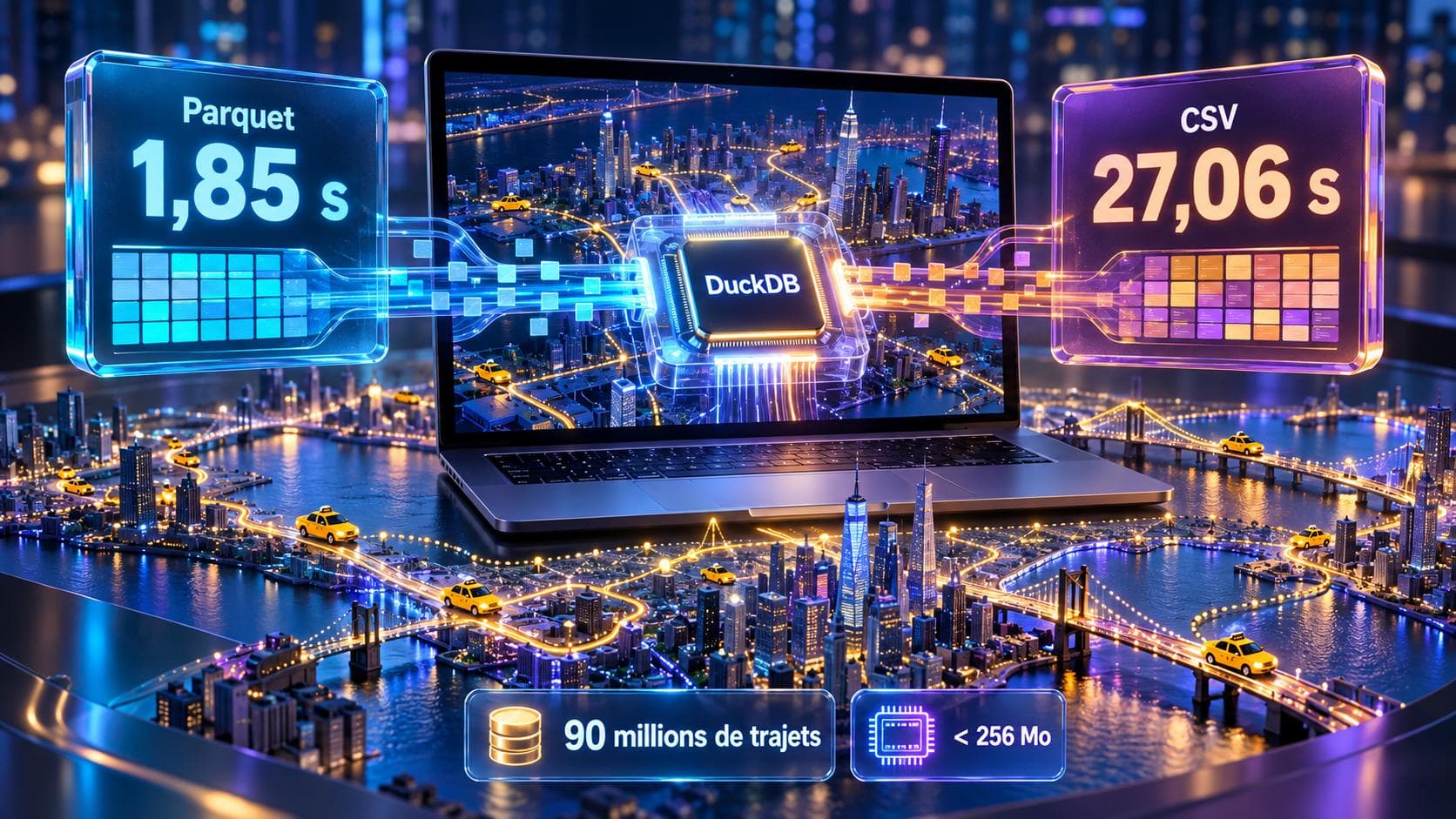 Illustration d’un ordinateur portable affichant le moteur DuckDB au-dessus d’une maquette de New York parcourue de taxis jaunes : à gauche un panneau bleu « Parquet 1,85 s », à droite un panneau violet « CSV 27,06 s », et en bas les repères « 90 millions de trajets » et « moins de 256 Mo ».