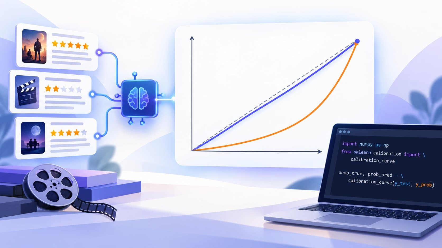 Illustration d’une courbe de calibration : une courbe orange s’écarte de la diagonale pointillée tandis qu’une droite bleue la suit, avec des critiques de films notées par étoiles analysées par une puce d’IA et un ordinateur portable affichant du code Python scikit-learn.
