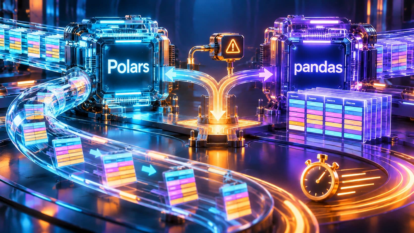 Illustration de deux moteurs d’analyse de données alimentés par un même flux de tableaux : le module bleu Polars à gauche et le module violet pandas à droite, séparés par un panneau d’avertissement orange au point de bifurcation, avec un chronomètre doré au premier plan qui évoque la mesure des performances.