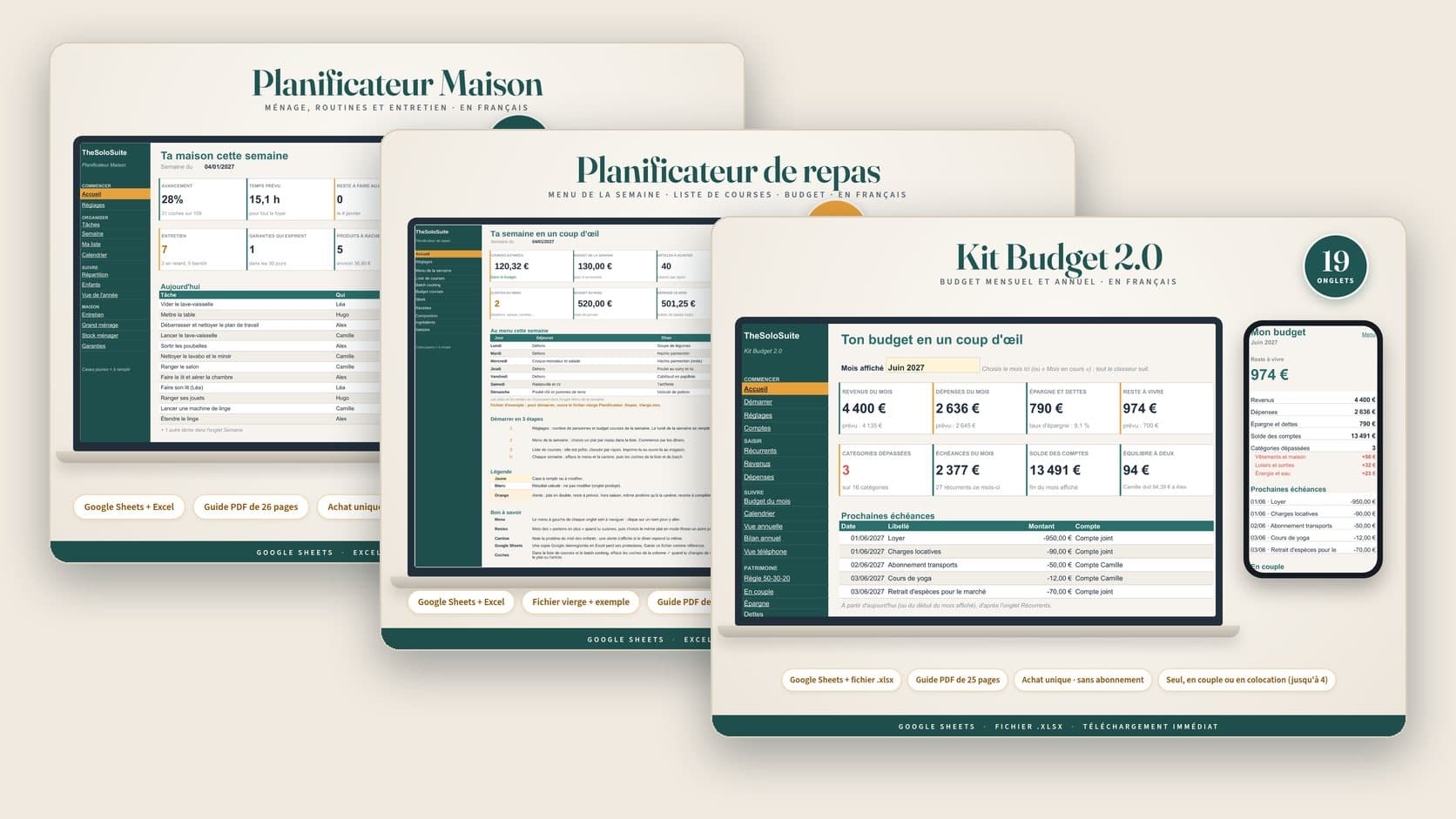 Les trois tableurs TheSoloSuite pour Google Sheets et Excel présentés en cascade : le Planificateur Maison pour le ménage, le Planificateur de repas et le Kit Budget 2.0, chacun avec son tableau de bord d’accueil.