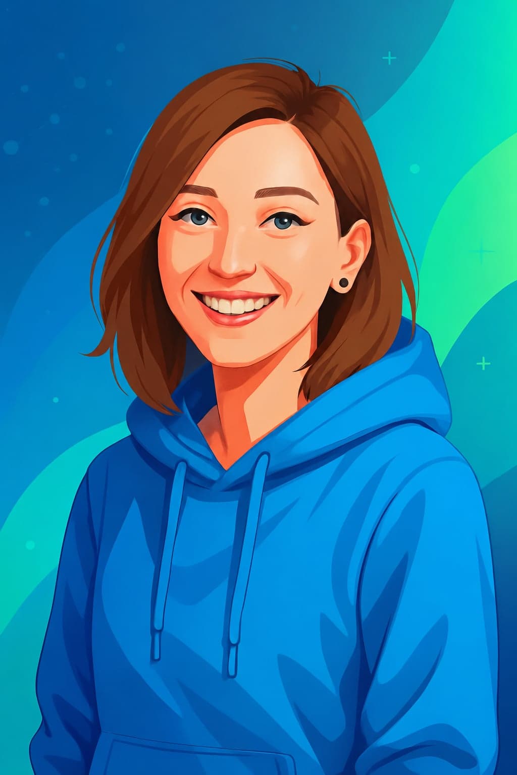 Portrait illustré d’Amandine Velt souriante, en sweat bleu à capuche, sur fond bleu et turquoise.