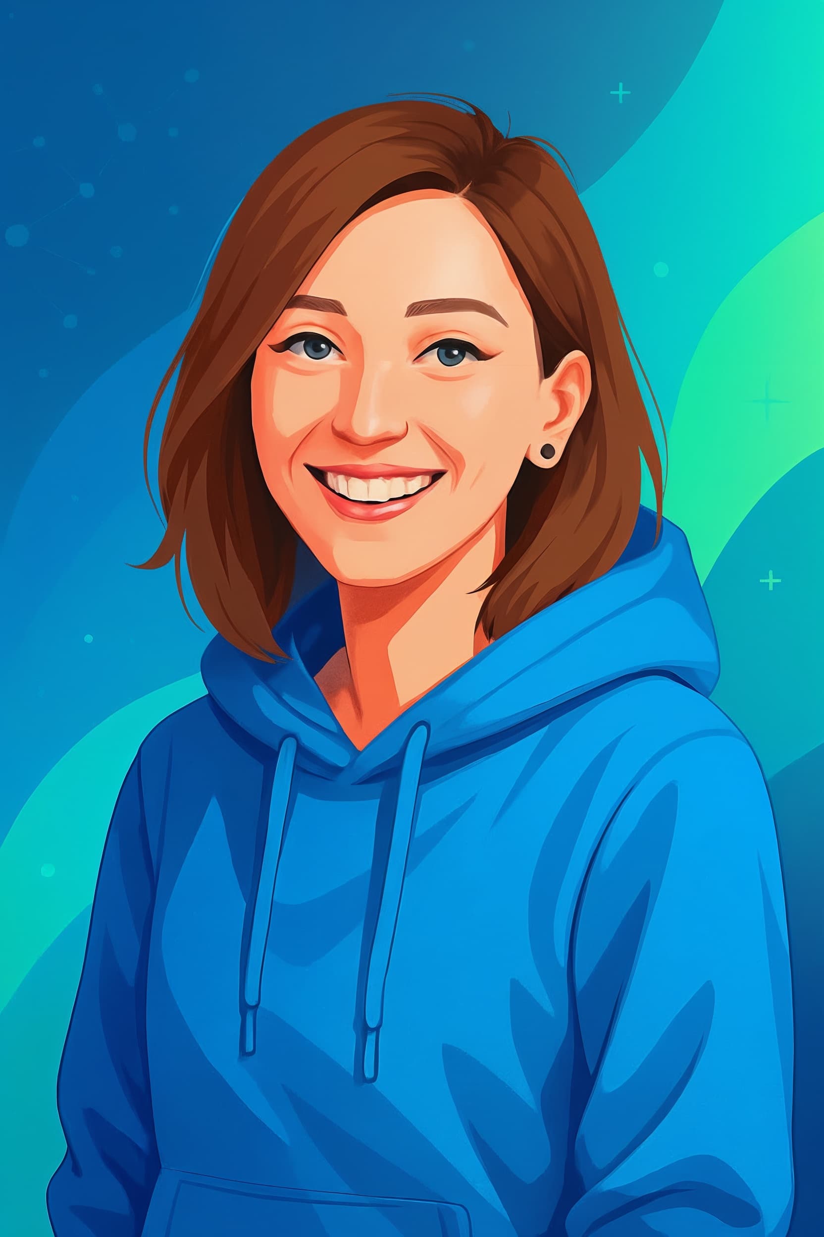 Portrait illustré d’Amandine Velt en sweat bleu sur un fond bleu et turquoise.