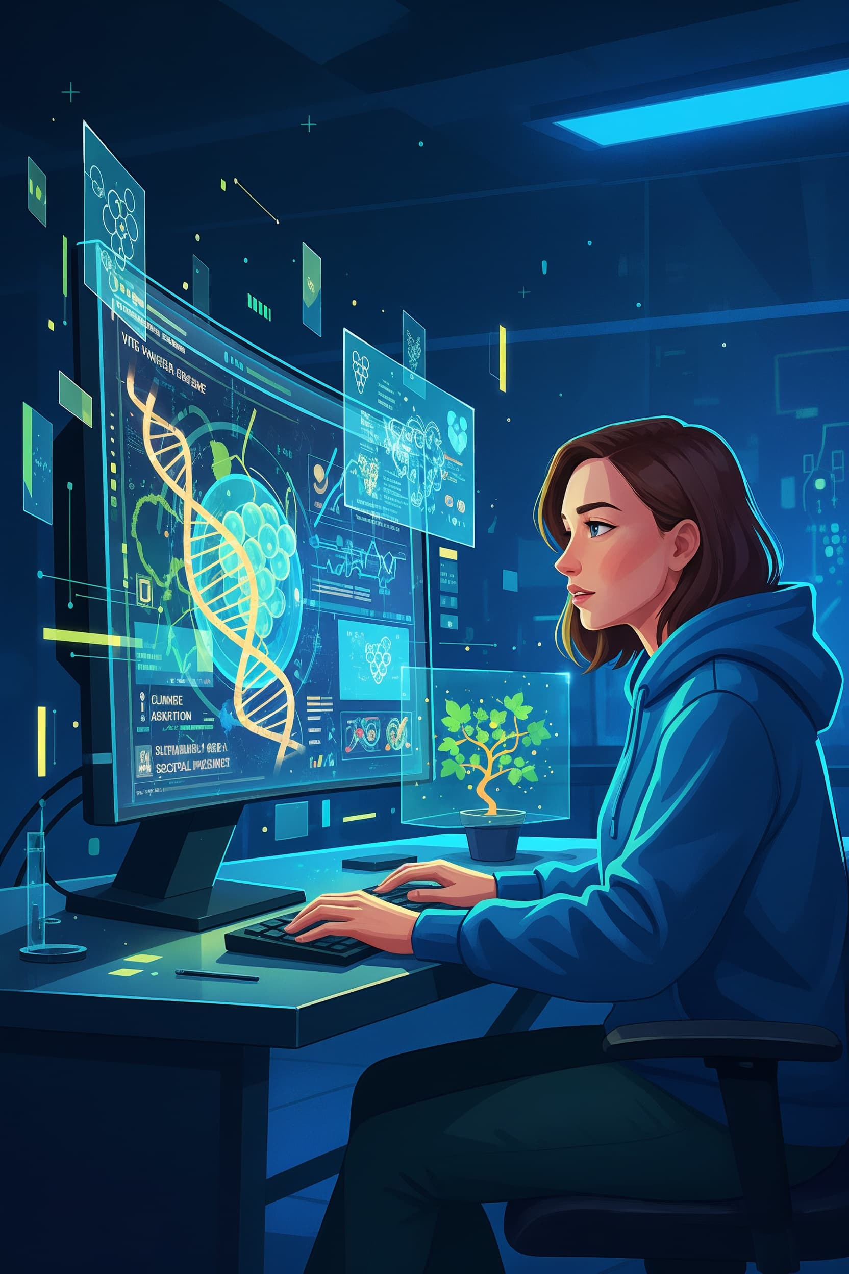 Illustration numérique d’une femme en hoodie bleu analysant des données de séquençage de vigne sur un grand écran futuriste, avec visualisations ADN et données biologiques.