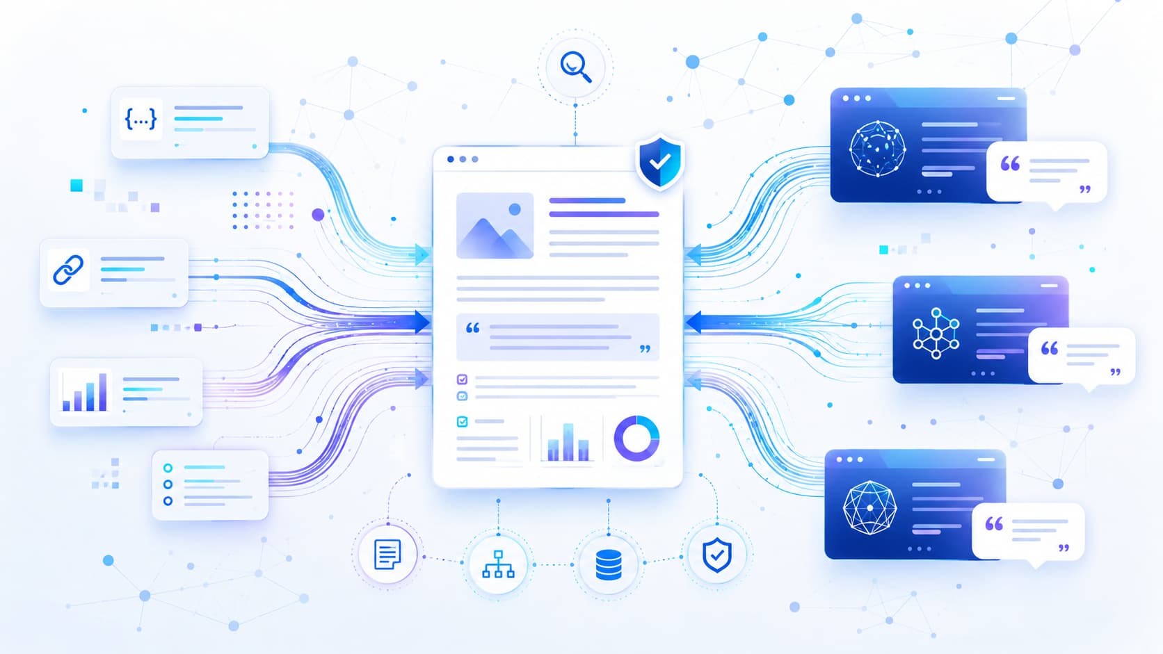 Illustration du Generative Engine Optimization montrant un article web relié à des moteurs de recherche et assistants d’intelligence artificielle qui l’utilisent comme source.
