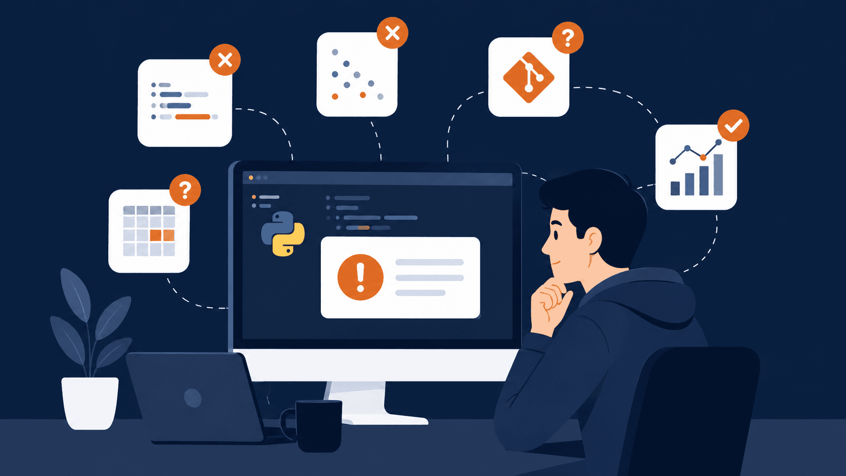 Illustration d'un développeur analysant une erreur Python sur son écran, entouré d'icônes représentant les erreurs fréquentes en Data Science