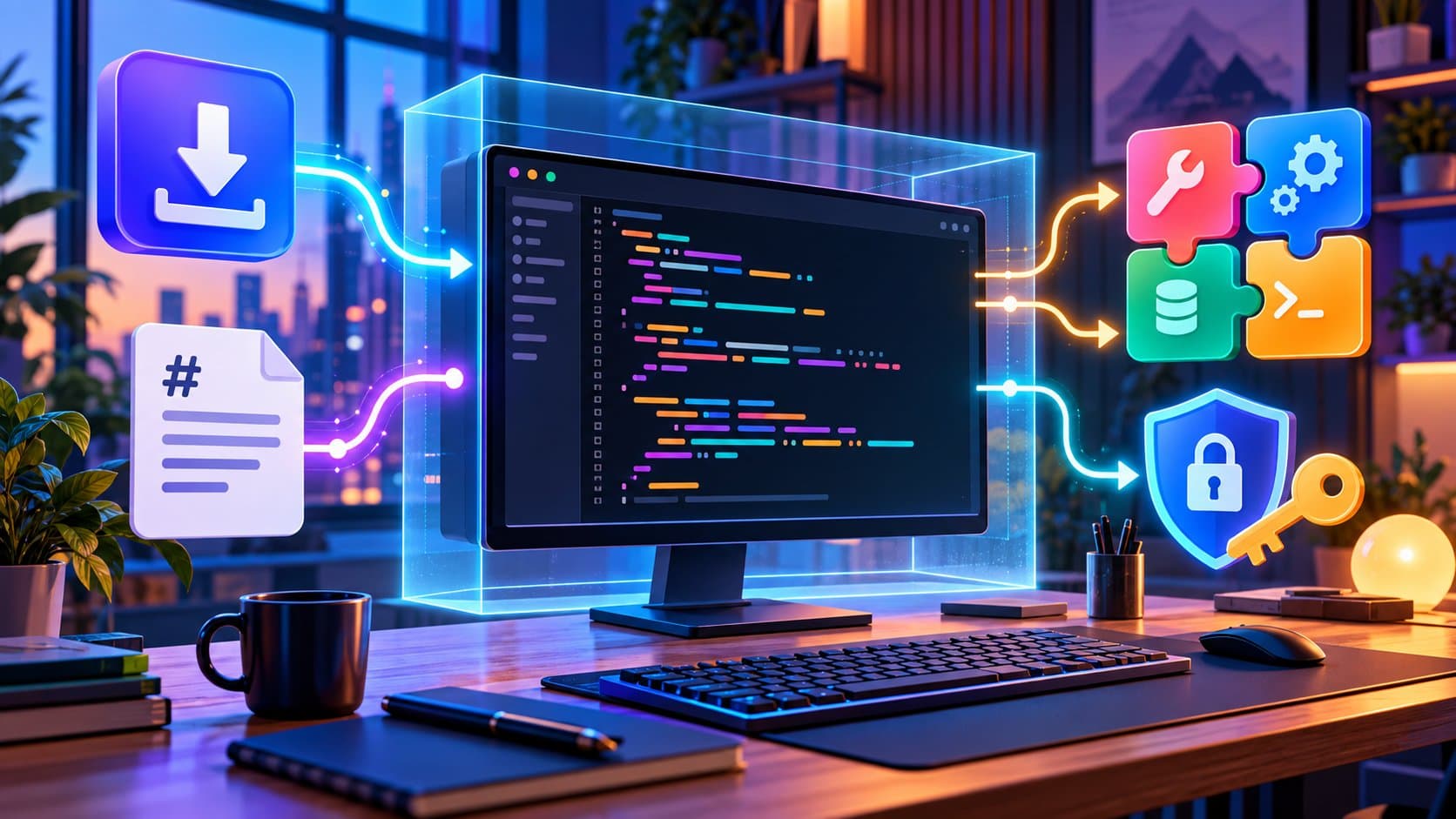 Illustration d’un poste de travail avec un éditeur de code relié à des icônes d’installation, de fichiers de configuration, d’outils et de sécurité, symbolisant l’installation et la configuration de Claude Code.