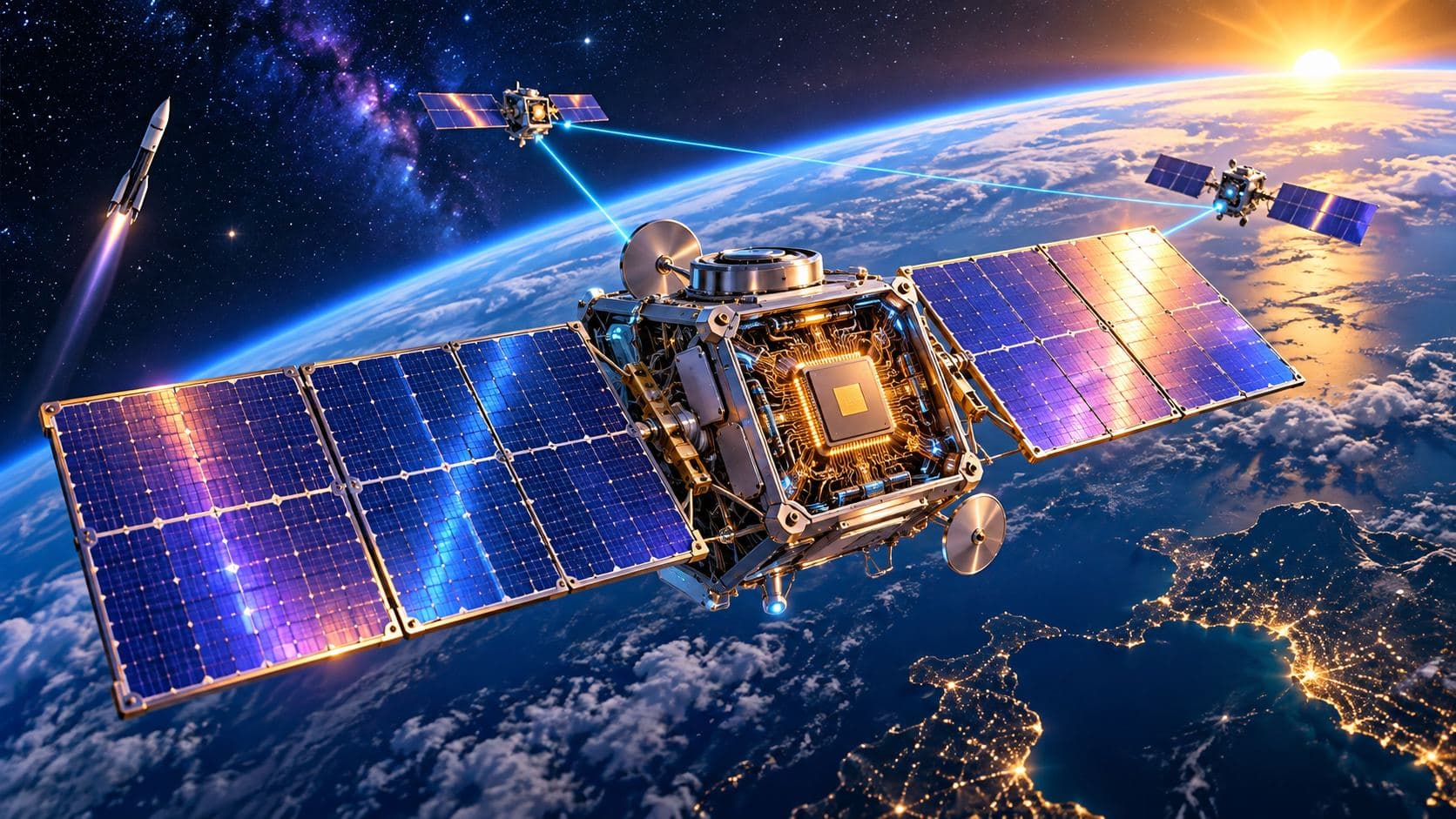 Illustration d'un satellite Project Suncatcher équipé d'une puce TPU Google, avec panneaux solaires déployés, liaison laser inter-satellites et fusée en décollage en arrière-plan.