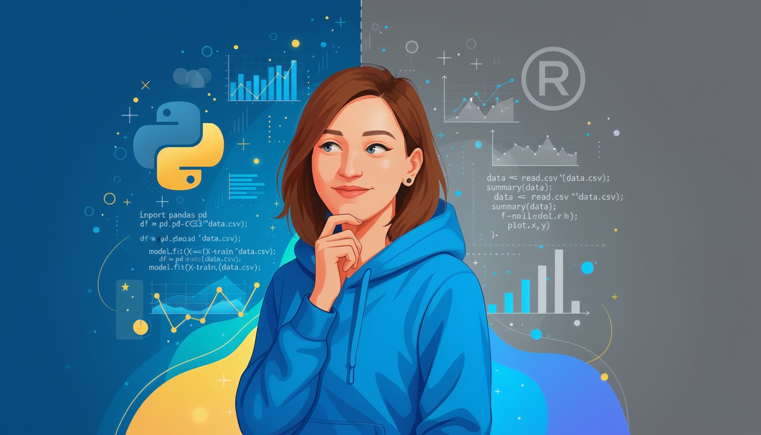 Femme pensive devant un fond partagé entre les langages Python et R, avec du code, des graphiques et des symboles de data science.