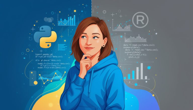 Femme pensive devant un fond partagé entre les langages Python et R, avec du code, des graphiques et des symboles de data science.