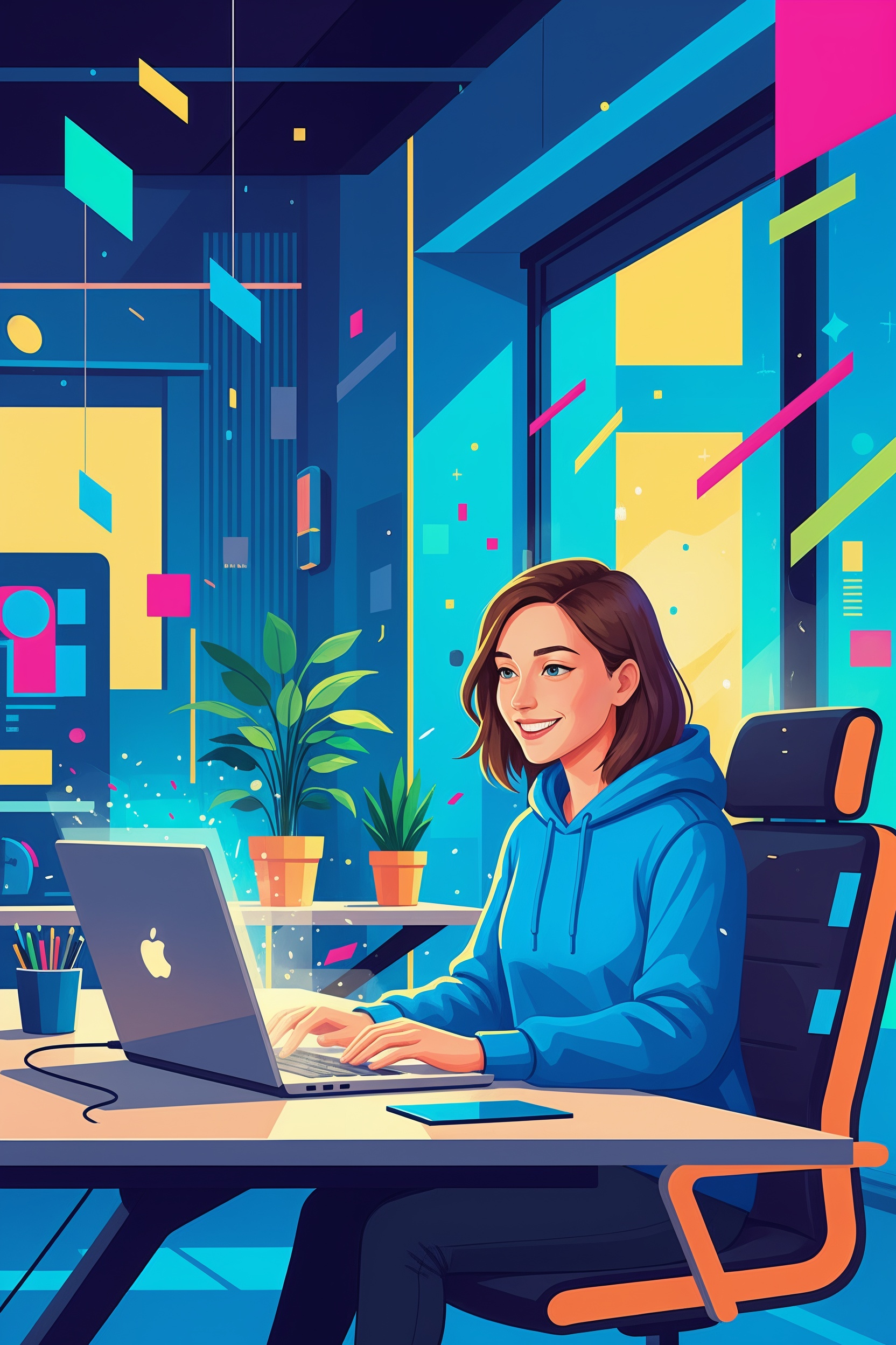 Illustration numérique stylisée d’une femme souriante en sweat à capuche bleu, sur fond abstrait bleu et vert.