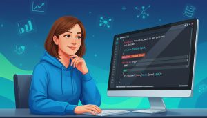 Femme en sweat bleu réfléchissant devant un écran affichant du code Python avec des erreurs comme NameError et NaN, sur fond d’icônes de data science.