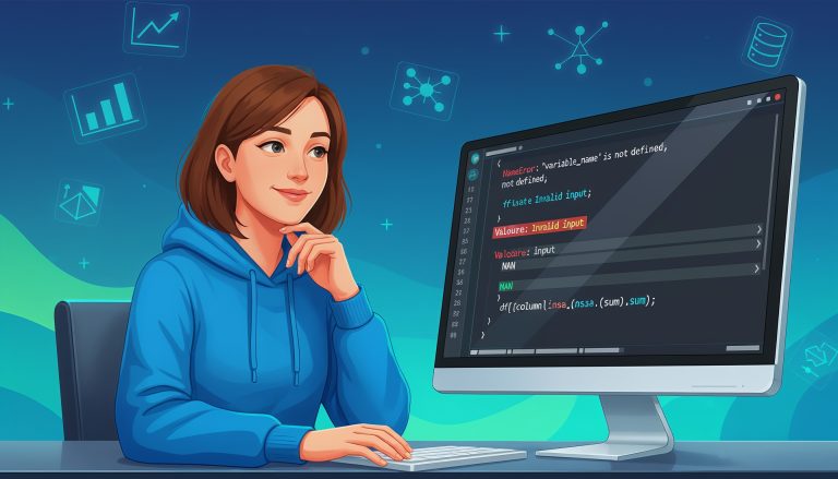 Femme en sweat bleu réfléchissant devant un écran affichant du code Python avec des erreurs comme NameError et NaN, sur fond d’icônes de data science.
