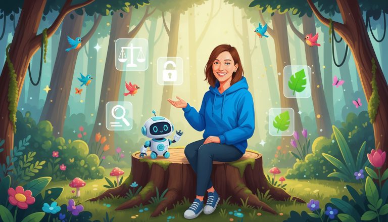Personnage féminin en hoodie bleu discutant avec un robot dans une forêt, entourés d’icônes symbolisant l’éthique et l’écologie en intelligence artificielle.